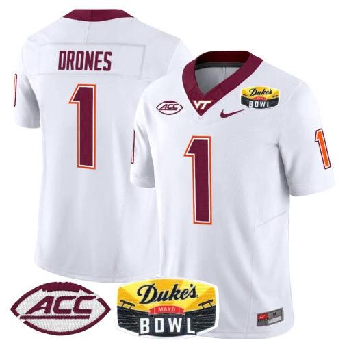 Kyron Drones Jersey #1 Virginia Tech Hokies 2025 Duke’s Mayo Bowl Patch White by My Store