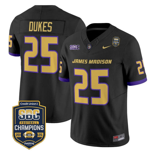 Dukes Jersey #25 James Madison Dukes 2025 SBC Champions Stitched Black by NCAA Football Jersey