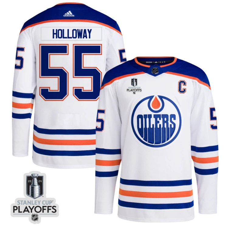 Dylan Holloway 55 Edmonton Oilers 2024 NHL Playoffs Patch Away Jersey - Men, White by Hockey David