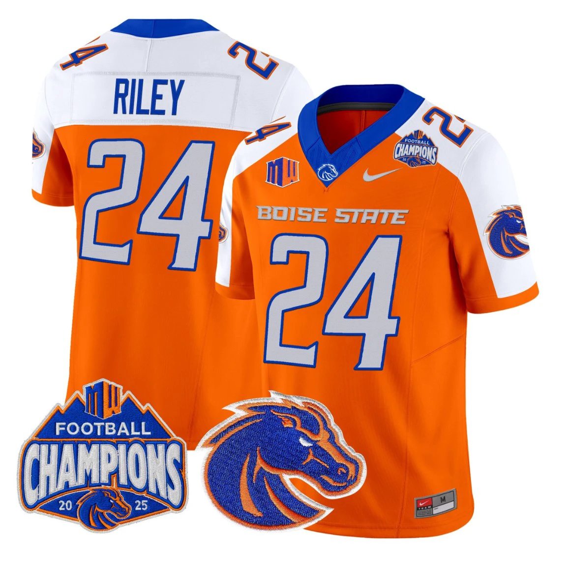 Dylan Riley Jersey #24 Boise State Broncos 2025 Mountain West Champions Orange Alternate by NCAA Football Jersey