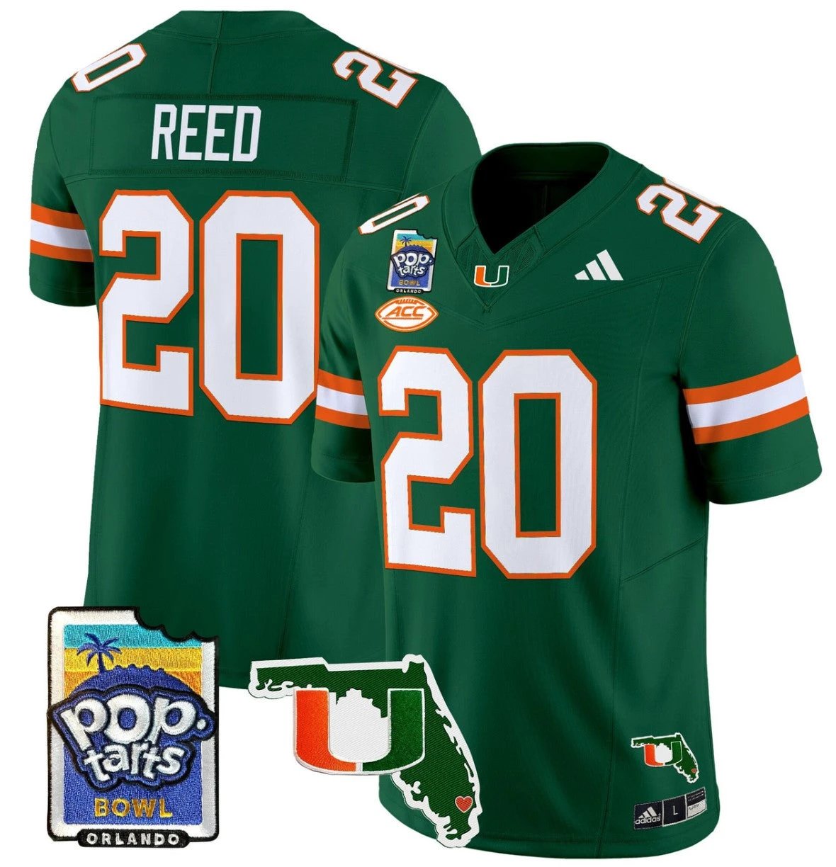 Ed Reed Jersey #20 Miami Hurricanes 2025 PopTarts Bowl Patch Green by My Store