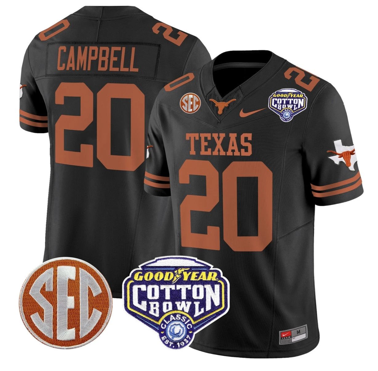 Earl Campbell Jersey #20 Texas Longhorns Cotton Bowl Patch Stitched Black by NCAA Football Jersey