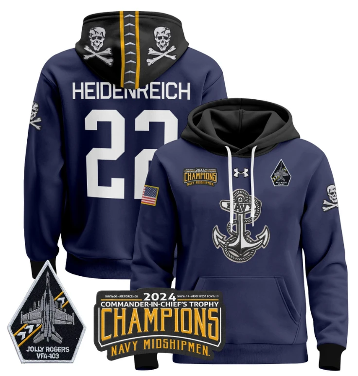 Eli Heidenreich Hoodie #22 Navy Midshipmen Champions Patch Pullover Gold White by Hoodie Pullover