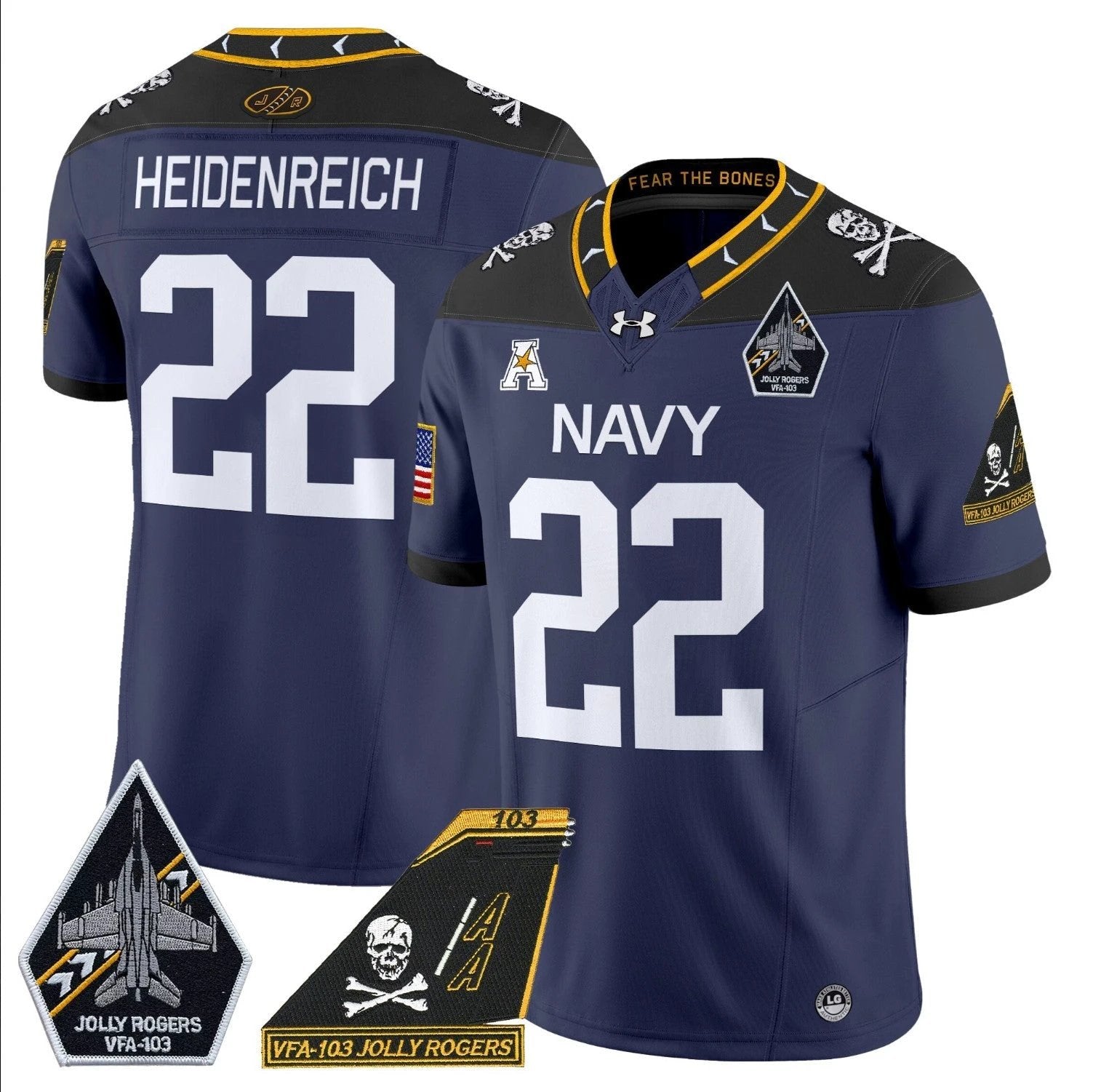 Eli Heidenreich Jersey #22 Navy Midshipmen 2024 Jolly Rogers Patch Navy by My Store