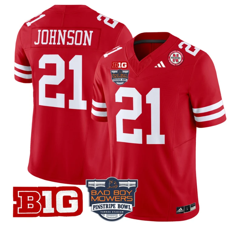 Emmett Johnson Jersey #21 Nebraska Cornhuskers 2025 Pinstripe Bowl Scarlet by My Store