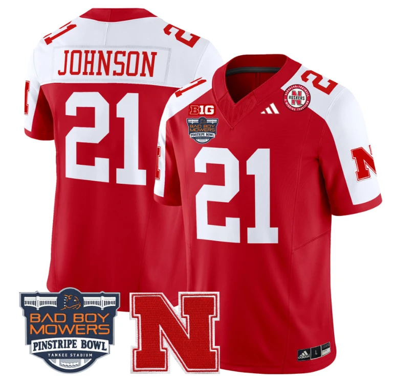 Emmett Johnson Jersey #21 Nebraska Cornhuskers 2025 Pinstripe Bowl Scarlet Alternate by My Store