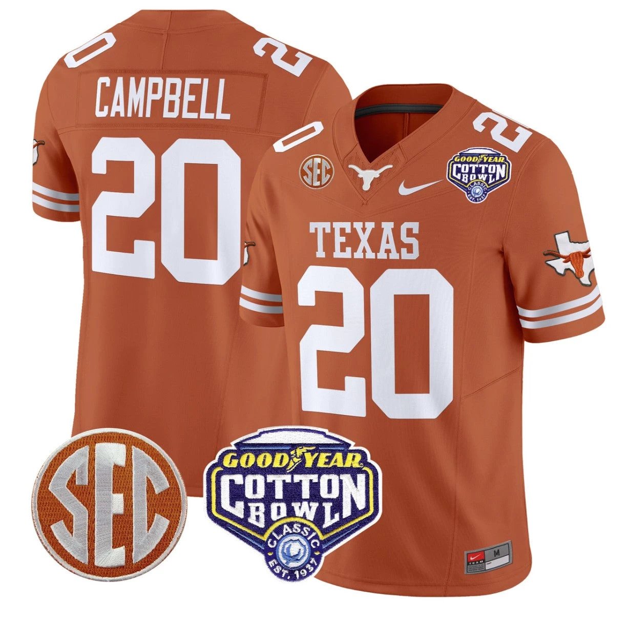 Earl Campbell Jersey #20 Texas Longhorns Cotton Bowl Patch Stitched Texas Orange by NCAA Football Jersey