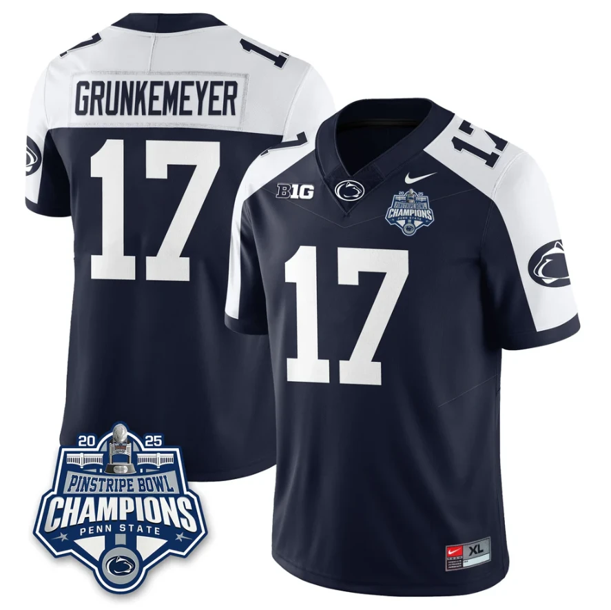 Ethan Grunkemeyer Jersey #17 Penn State 2025 Pinstripe Bowl Champions Navy Alternate by NCAA Football Jersey