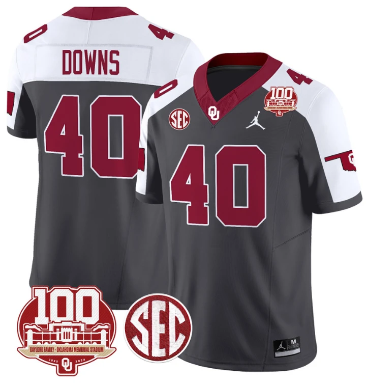 Ethan Downs Jersey #40 Oklahoma Sooners 100th Anniversary Patch Vapor Limited College Football Stitched Anthracite Alternate by My Store