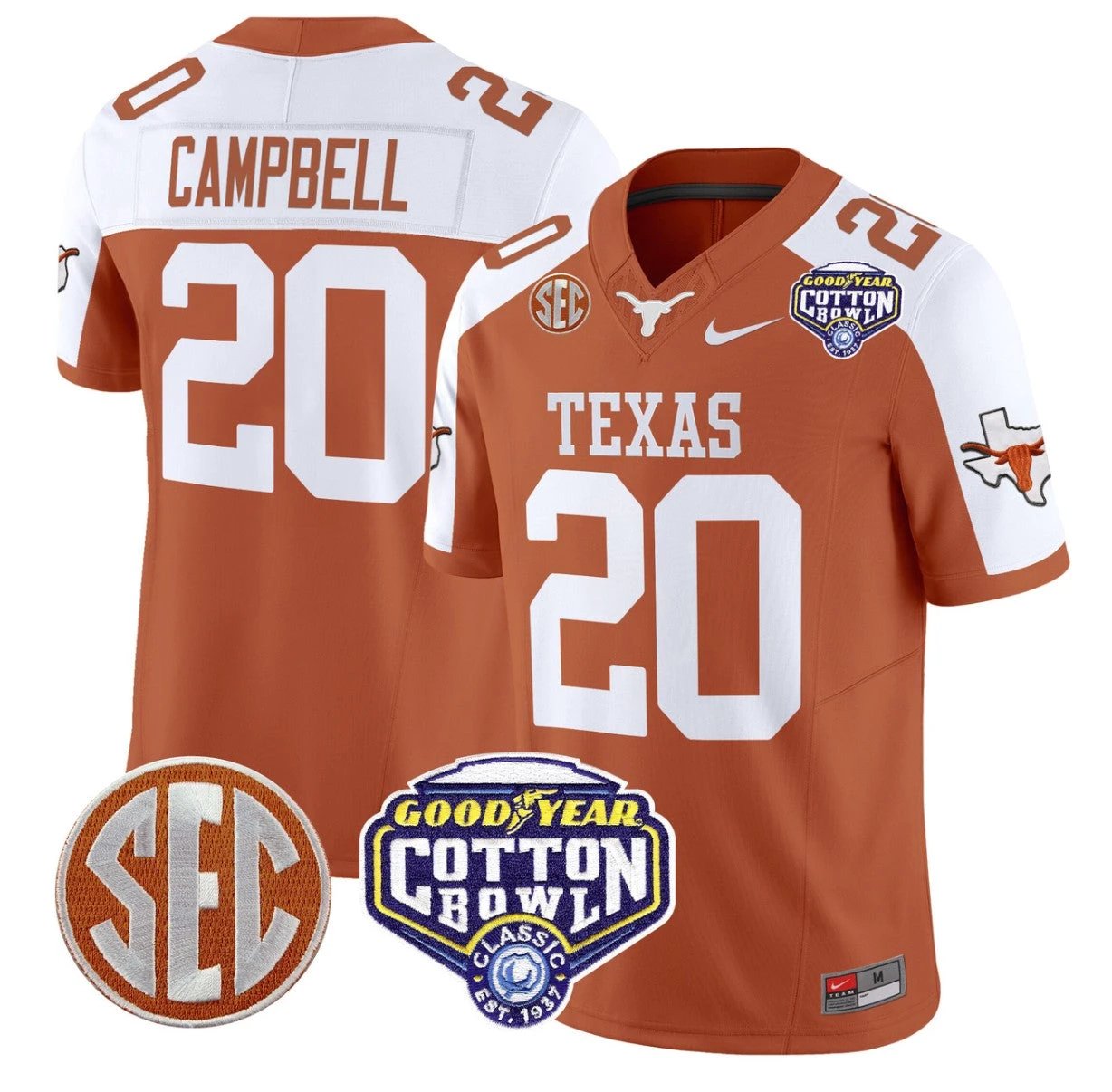 Earl Campbell Jersey #20 Texas Longhorns Cotton Bowl Patch Orange Alternate by NCAA Football Jersey