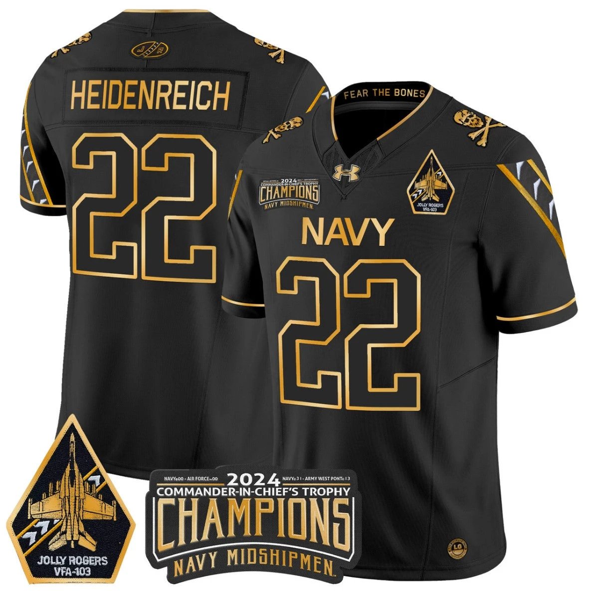 Eli Heidenreich Jersey #22 Navy Midshipmen Commander-in-chief's Trophy Black Gold by NCAA Football Jersey
