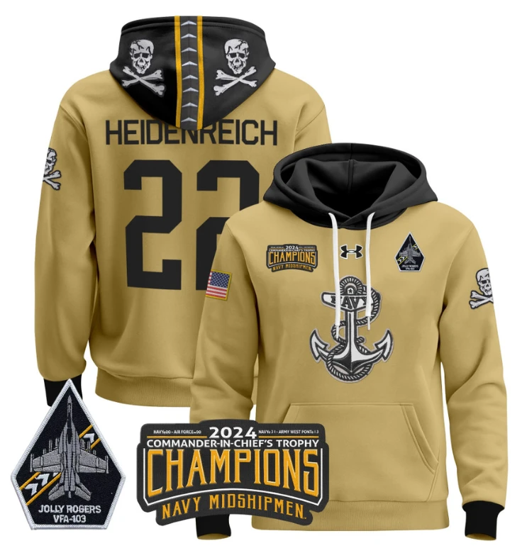 Eli Heidenreich Hoodie #22 Navy Midshipmen Champions Patch Pullover Gold White by Hoodie Pullover