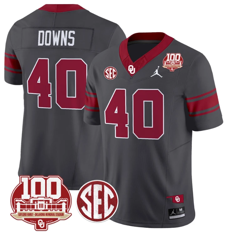 Ethan Downs Jersey #40 Oklahoma Sooners 100th Anniversary Patch Vapor Limited College Football Stitched Anthracite by My Store
