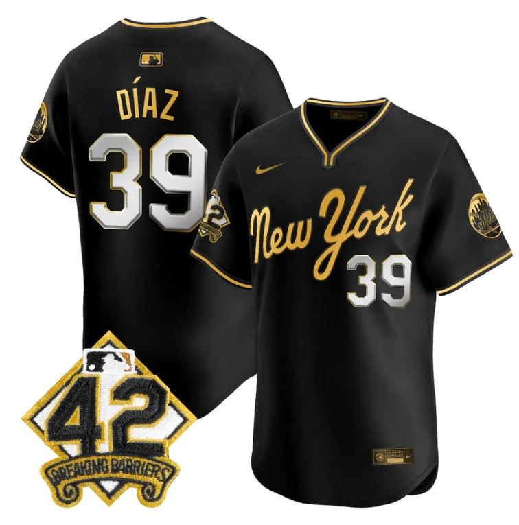 Edwin Díaz Jersey #39 New York Mets 2025 Jackie Robinson Patch Road Alternate Stitched Black Gold by My Store