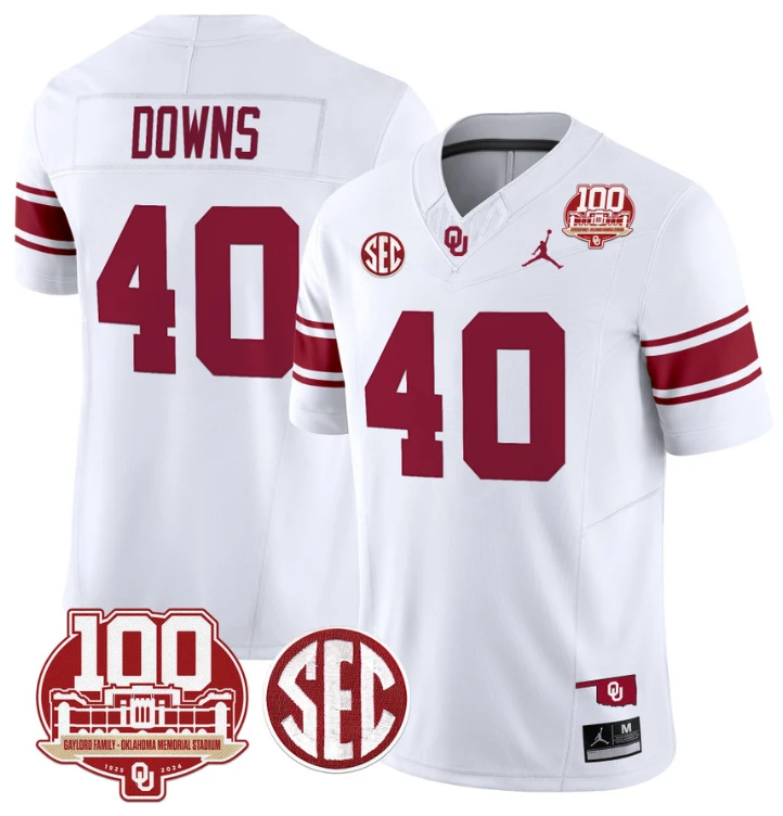 Ethan Downs Jersey #40 Oklahoma Sooners 100th Anniversary Patch Vapor Limited College Football Stitched White by My Store