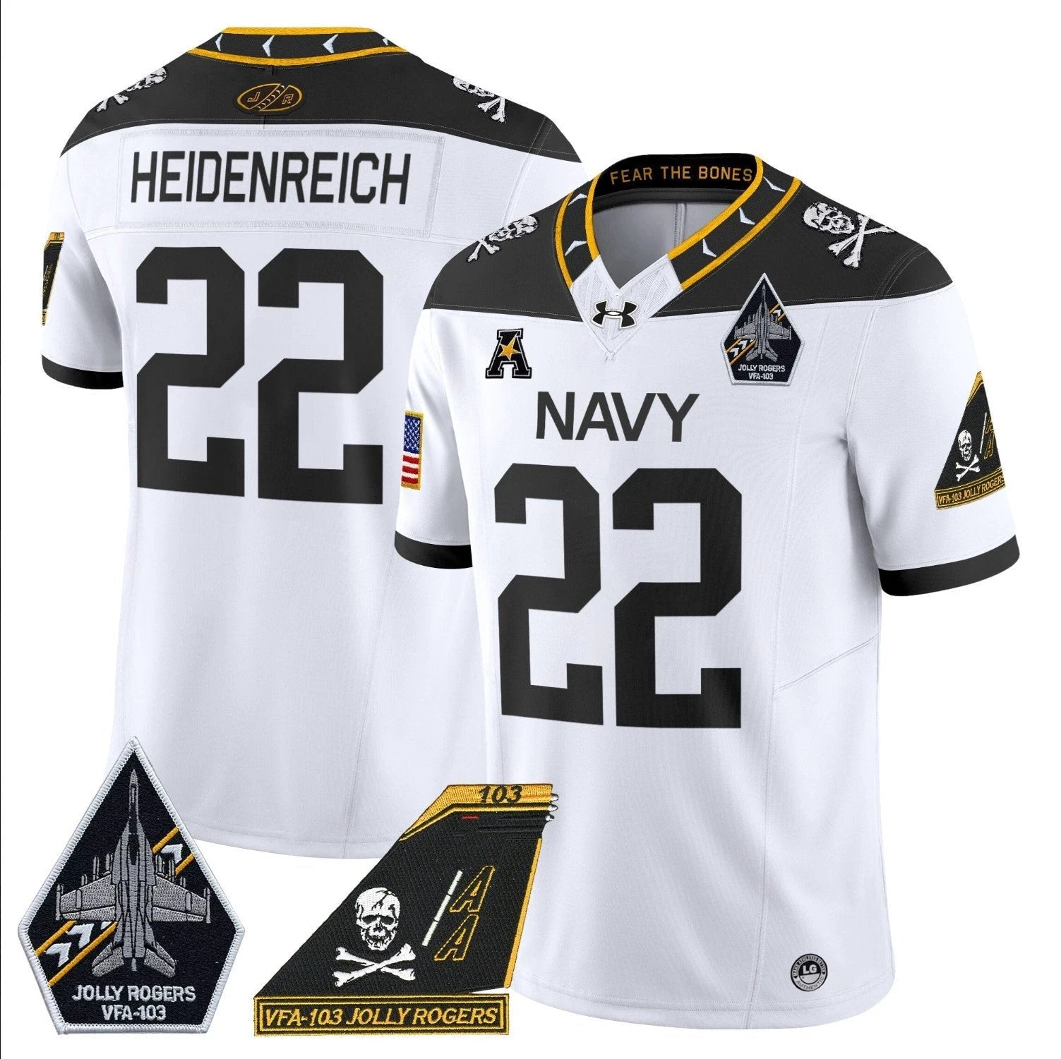 Eli Heidenreich Jersey #22 Navy Midshipmen 2024 Jolly Rogers Patch White by My Store