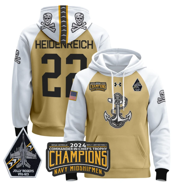 Eli Heidenreich Hoodie #22 Navy Midshipmen Champions Patch Pullover Gold White by Hoodie Pullover