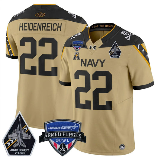 Eli Heidenreich Jersey #22 Navy Midshipmen 2025 Armed Forces Bowl Patch Gold by My Store