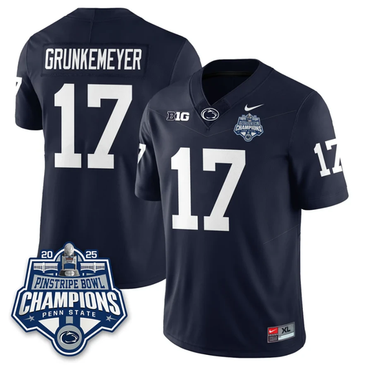 Ethan Grunkemeyer Jersey #17 Penn State 2025 Pinstripe Bowl Champions Navy by NCAA Football Jersey