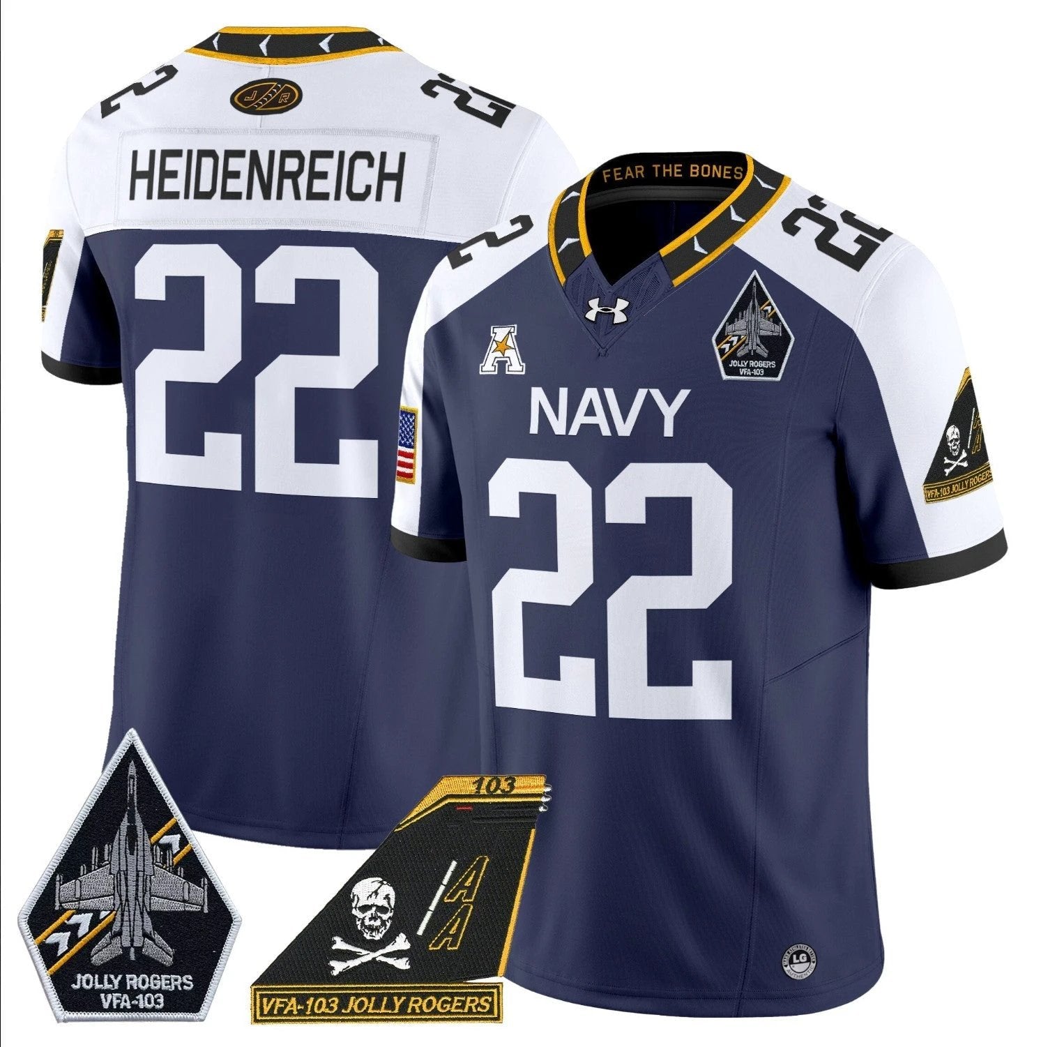 Eli Heidenreich Jersey #22 Navy Midshipmen 2024 Jolly Rogers Patch Navy Alternate by My Store