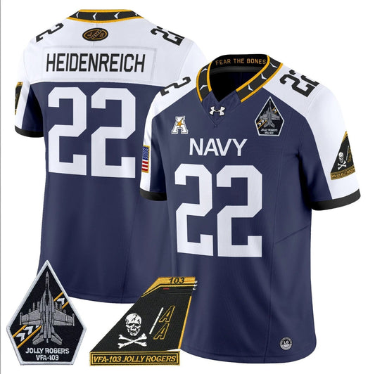 Eli Heidenreich Jersey #22 Navy Midshipmen 2024 Jolly Rogers Patch Navy Alternate by My Store