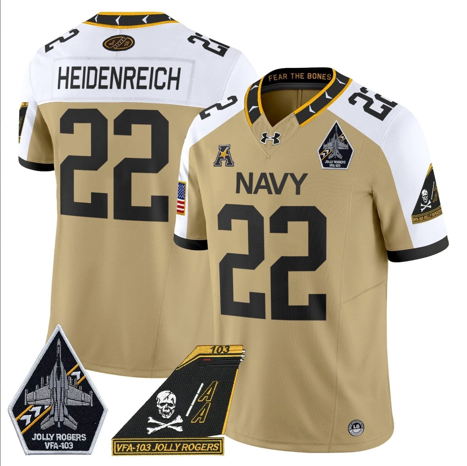 Eli Heidenreich Jersey #22 Navy Midshipmen 2024 Jolly Rogers Patch Gold Alternate by My Store