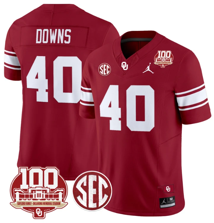 Ethan Downs Jersey #40 Oklahoma Sooners 100th Anniversary Patch Vapor Limited College Football Stitched Crimson by My Store