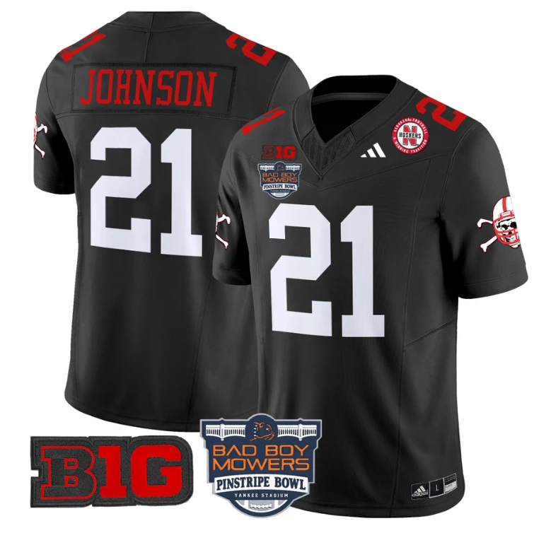 Emmett Johnson Jersey #21 Nebraska Cornhuskers 2025 Pinstripe Bowl Black by My Store