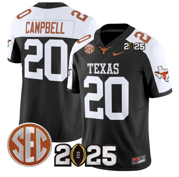 Earl Campbell Jersey #20 Texas Longhorns 2025 CFP Final Patch Black Alternate by My Store