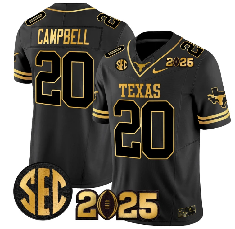 Earl Campbell Jersey #20 Texas Longhorns 2025 CFP Final Patch Black Gold by My Store