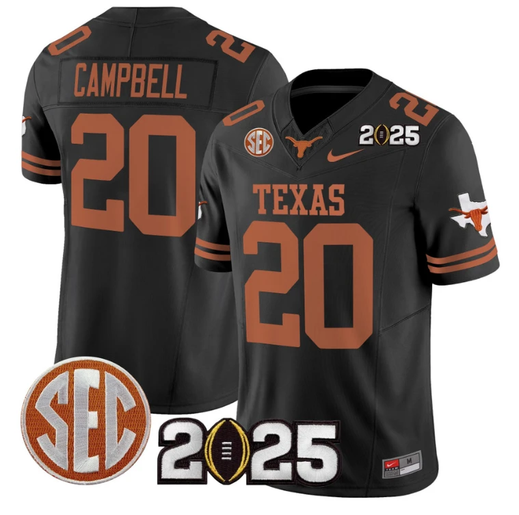 Earl Campbell Jersey #20 Texas Longhorns 2025 CFP Final Patch Black by My Store