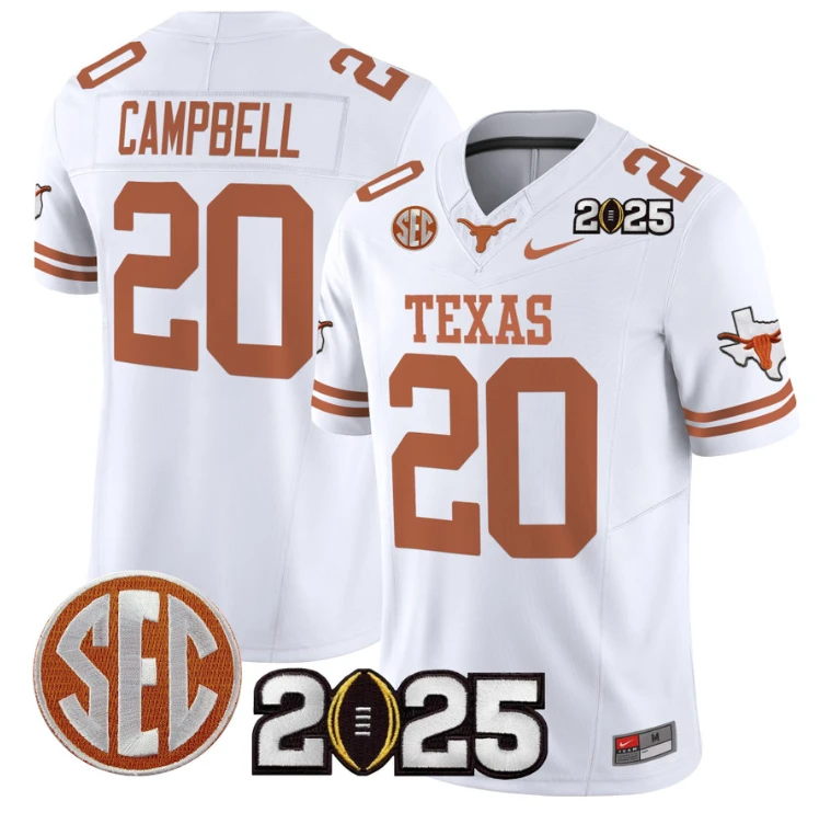 Earl Campbell Jersey #20 Texas Longhorns 2025 CFP Final Patch White by NCAA Football Jersey