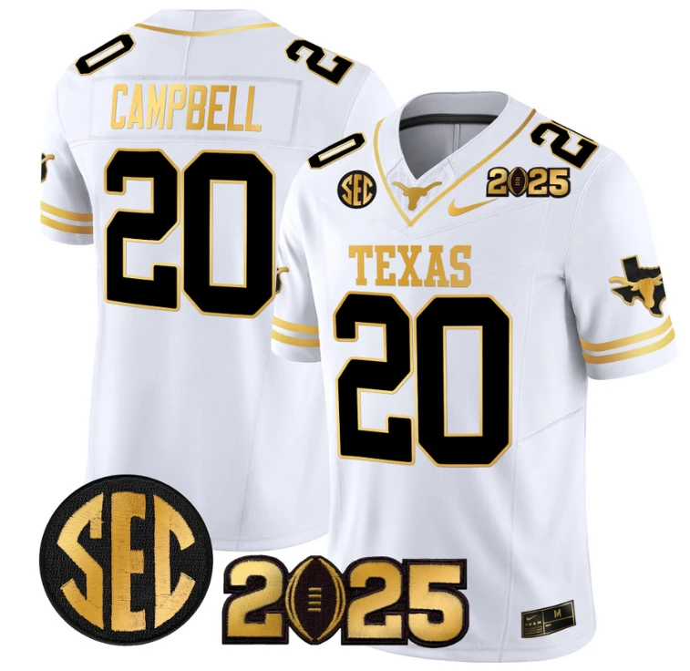 Earl Campbell Jersey #20 Texas Longhorns 2025 CFP Final Patch White Gold by NCAA Football Jersey