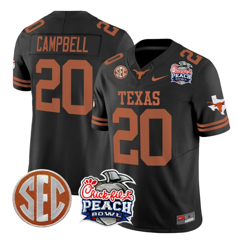 Earl Campbell Jersey #20 Texas Longhorns Peach Bowl Patch Vapor Black by NCAA Football Jersey