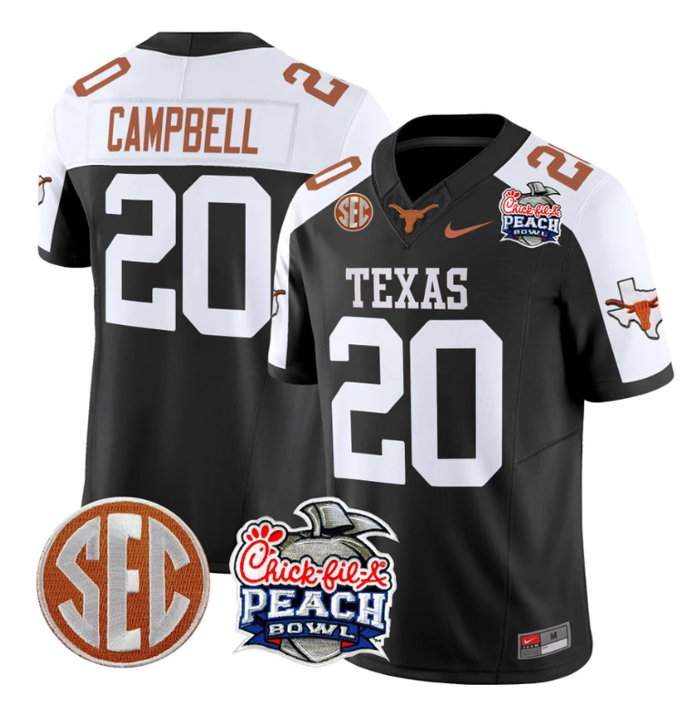 Earl Campbell Jersey #20 Texas Longhorns Peach Bowl Patch Vapor Black Alternate by NCAA Football Jersey