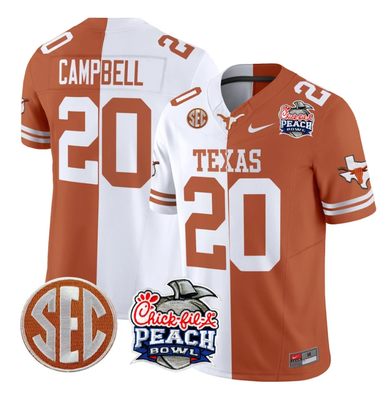 Earl Campbell Jersey #20 Texas Longhorns Peach Bowl Patch Vapor Split by NCAA Football Jersey