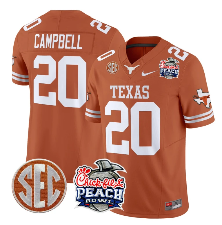 Earl Campbell Jersey #20 Texas Longhorns Peach Bowl Patch Vapor Texas Orange by NCAA Football Jersey