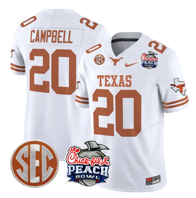 Earl Campbell Jersey #20 Texas Longhorns Peach Bowl Patch Vapor White by NCAA Football Jersey