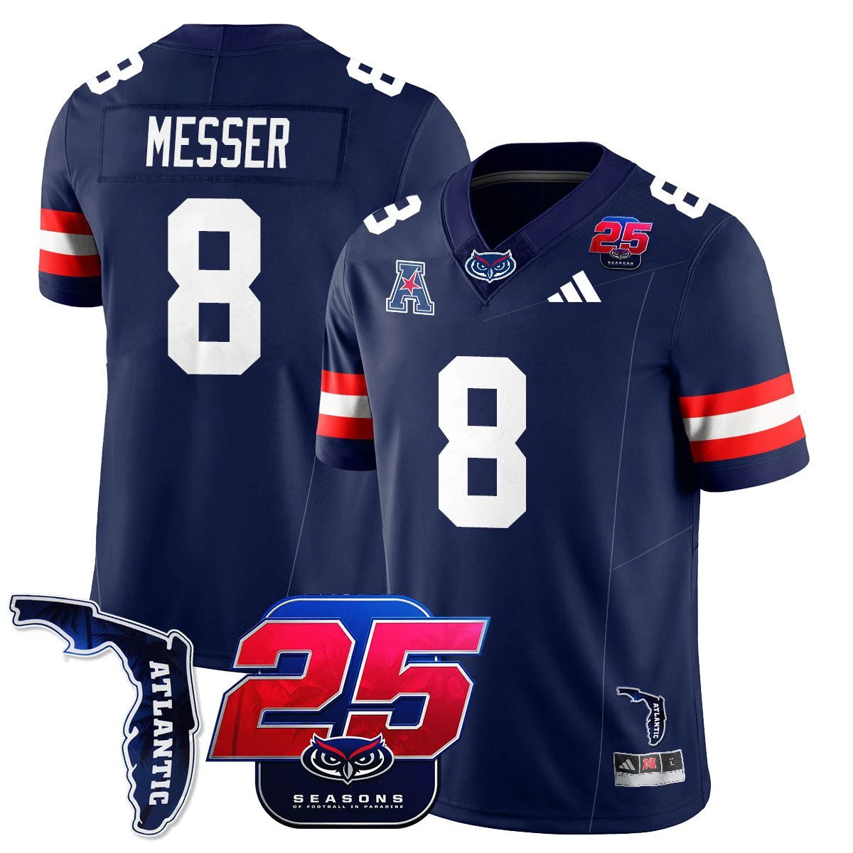 Easton Messer Jersey #8 Florida Atlantic Football 25th Season Stitched Navy by NCAA Football Jersey
