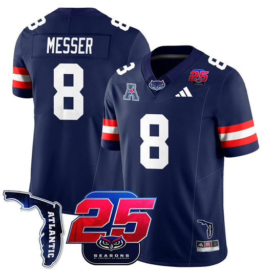 Easton Messer Jersey #8 Florida Atlantic Football 25th Season Stitched Navy by NCAA Football Jersey
