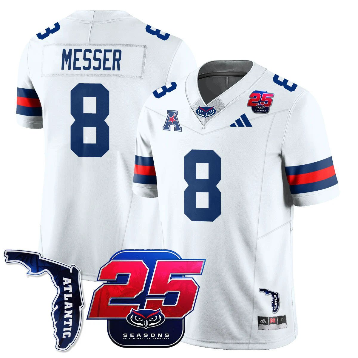 Easton Messer Jersey #8 Florida Atlantic Football 25th Season Stitched White by NCAA Football Jersey