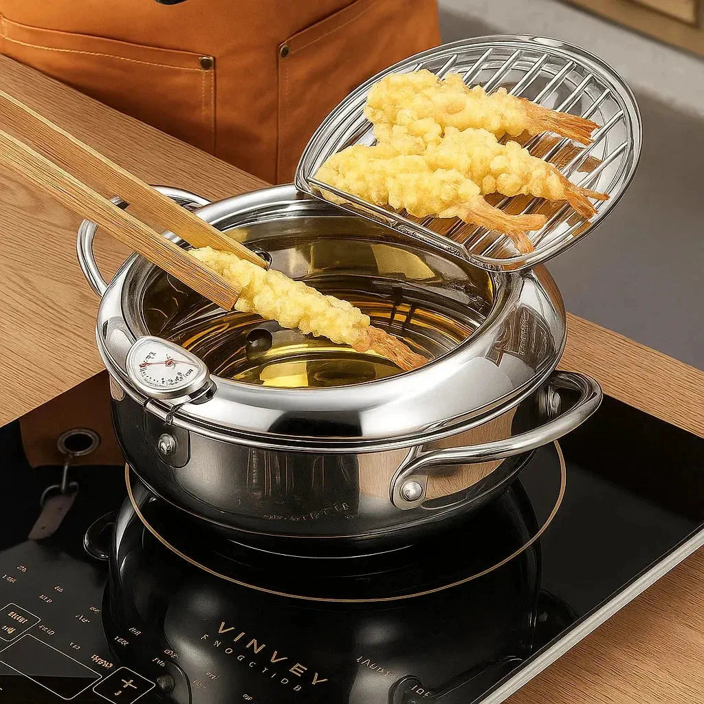 Stainless Steel Frying Pan with Thermometer & Draining Rack by BowLift