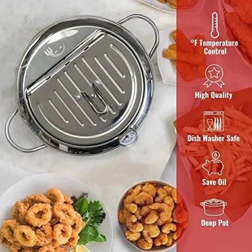 Stainless Steel Frying Pan with Thermometer & Draining Rack by BowLift