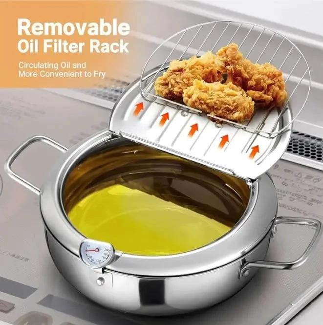 Stainless Steel Frying Pan with Thermometer & Draining Rack by BowLift