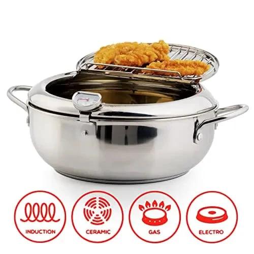 Stainless Steel Frying Pan with Thermometer & Draining Rack by BowLift