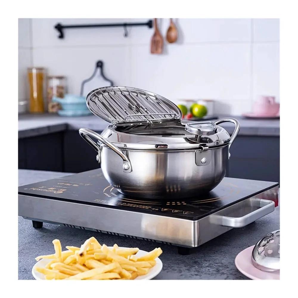 Stainless Steel Frying Pan with Thermometer & Draining Rack by BowLift