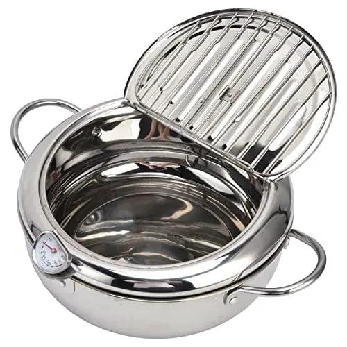 Stainless Steel Frying Pan with Thermometer & Draining Rack by BowLift