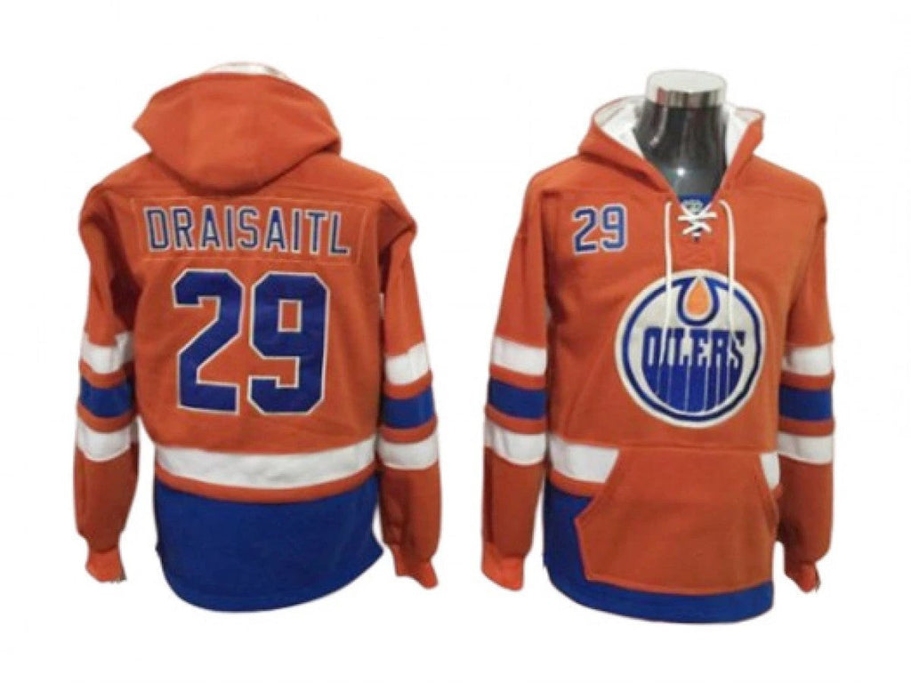Edmonton Oilers #29 Leon Draisaitl Orange One Front Pocket Pullover Hoodie by Hoodie Pullover
