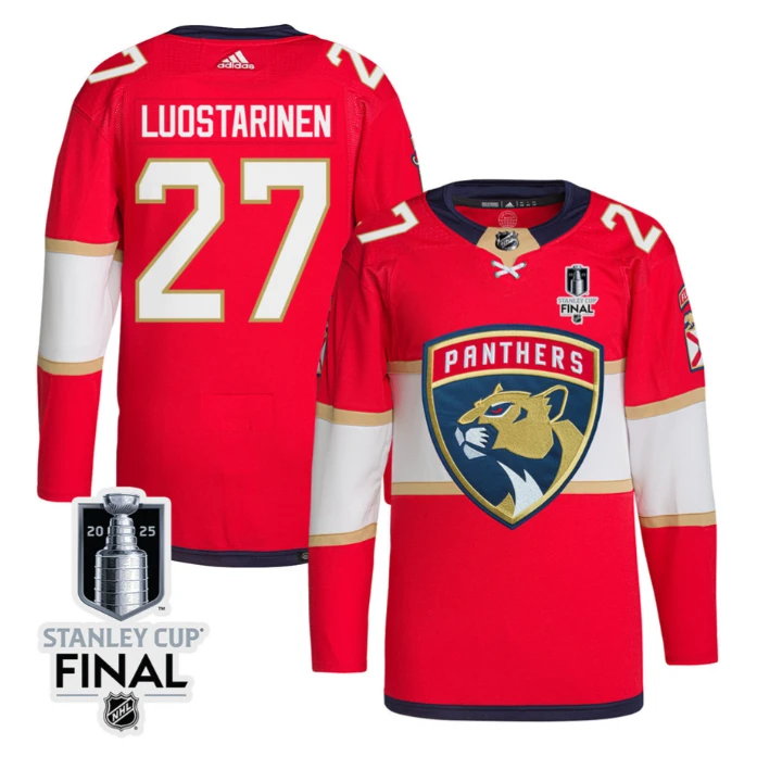 Eetu Luostarinen 27 Florida Panthers 2025 STANLEY CUP Final Patch Home Men Jersey Red by Hockey David