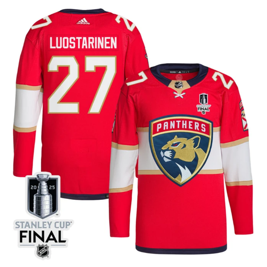 Eetu Luostarinen 27 Florida Panthers 2025 STANLEY CUP Final Patch Home Men Jersey Red by Hockey David